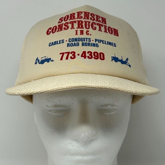 Vintage Sorensen Construction Inc Trucker Hat Baseball Cap Mesh Snapback Ivory - Picture 2 of 13